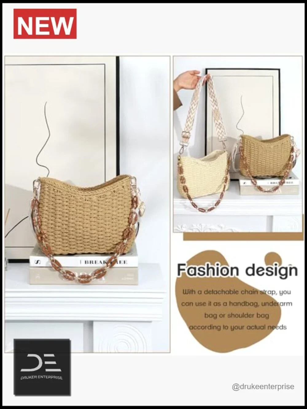 Woven Straw Crossbody Hobo Bag Tote with Chain Shoulder Strap